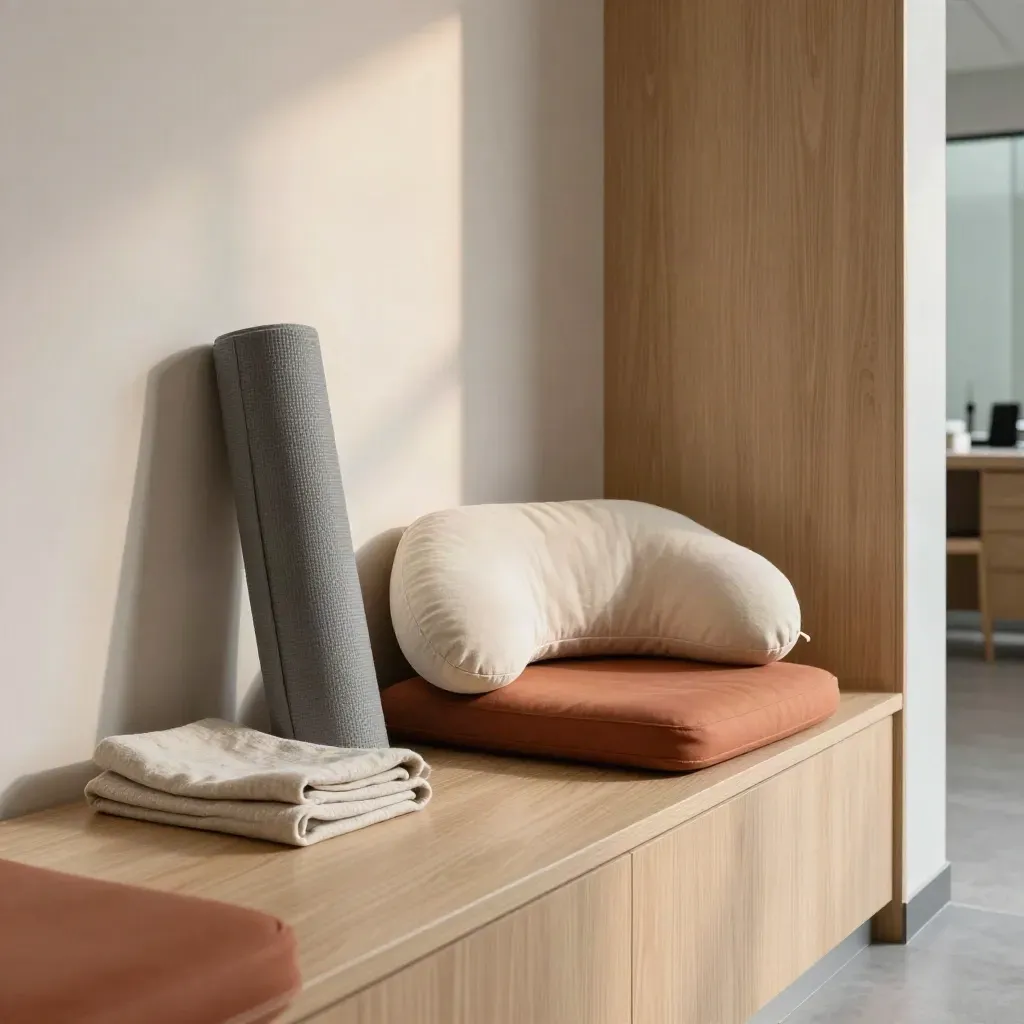 Nicchia relax in uno studio legale con tappetino, cuscino e supporto cervicale in luce soffusa.