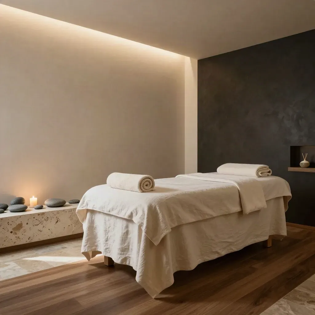 Cabina relax di centro estetico pronta per la meditazione, in penombra cinematica.