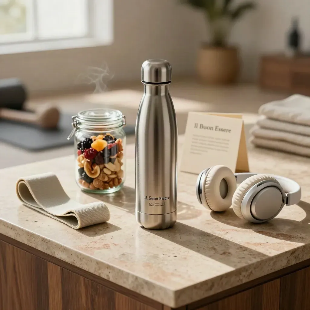 Kit benessere aziendale con borraccia, snack, elastico e cuffie su banco rustico.