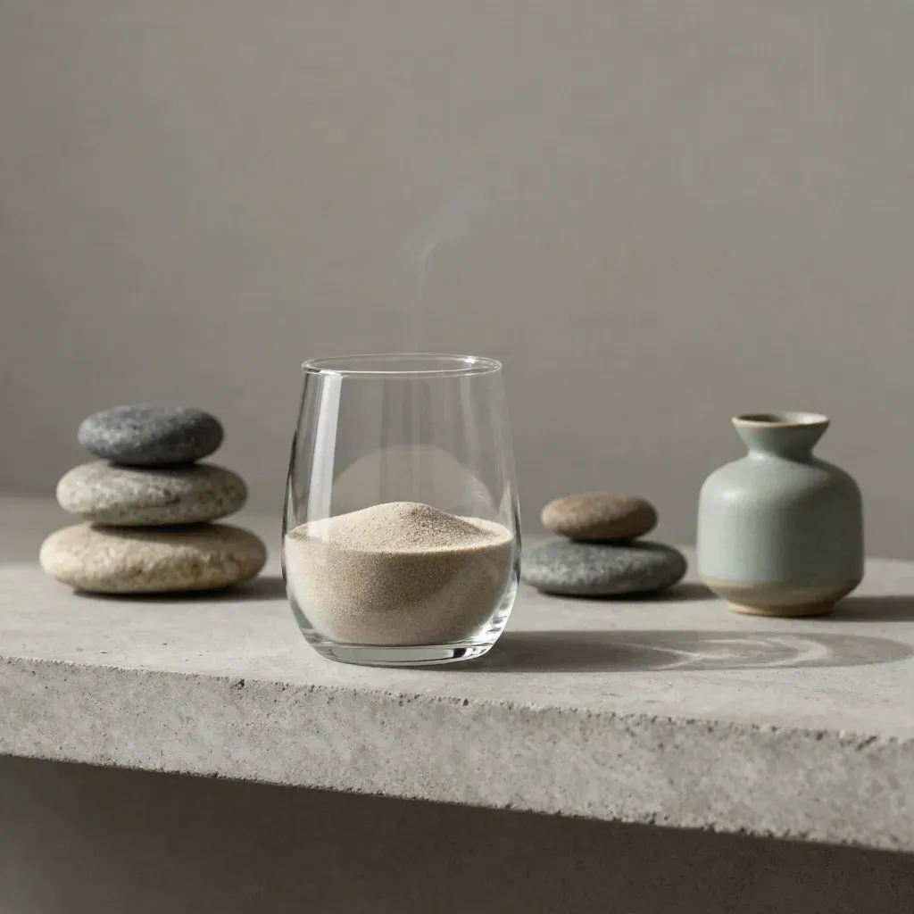 Timer da meditazione in vetro, tre pietre impilate e diffusore su mensola in cemento.