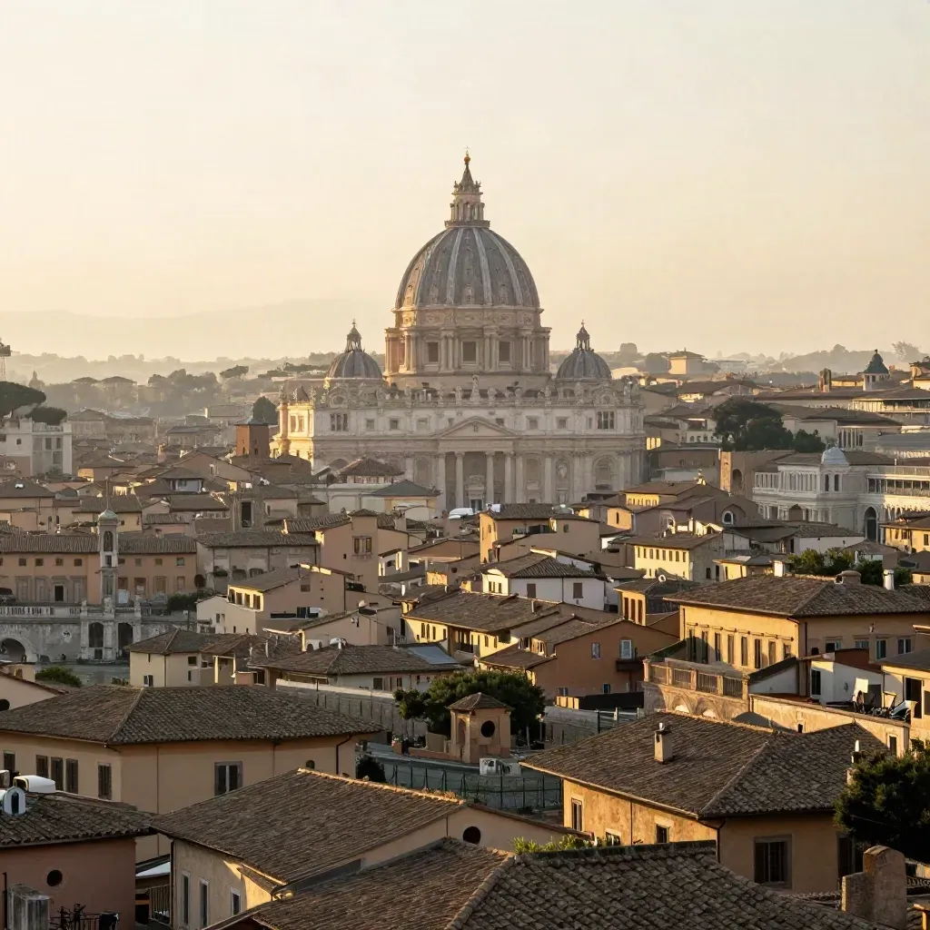 Roma all’alba con cupola lontana, tetti in travertino e bruma sul Tevere