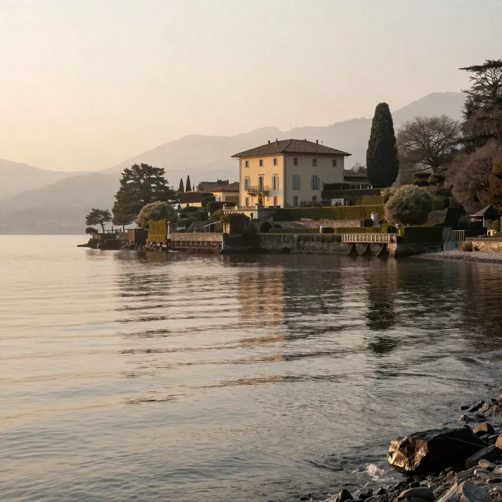 Villa sul Lago di Como all’alba, acqua ferma e bruma morbida